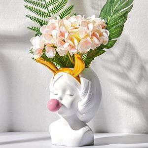 Creative Nordic Resin Human Head Golden Vase Cute Catwoman Bubble Gum Home Living Room Flower Arrangement Accessories Decoration