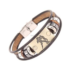 Id Leather multilayer pulseiras de embalagem 12 Constell Horoscope Sign Bracelet Bangle Pulseira Pulseira para homens J￳ias de moda Will e Sandy Gift