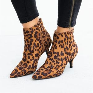 Boots Leopard Women Black Brown High Heels Platform Ankle Snake Sexy Pointed Toe Autumn Winter Short Shoes T13931