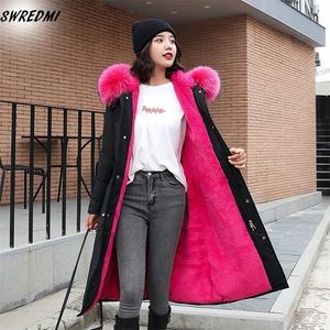 SWREDMI 후드 대형 모피 코트 겨울 여성 새로운 패션 랑 스스로 따뜻한 겨울 자켓 여성 대형 S-3XL Long Parka 여성 코트 201201