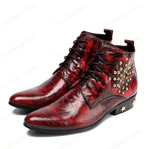 Plus Size Genuine Leather Pointed Toe Men Shoes Rivets Lace Up Italian Handmade Ankle Boots Party Boot