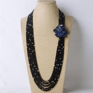 10Strands Black Stone White Freshwater Pearl Necklace Micro Inlay Zircon Blue Flowers Accessorie 80-90cm Fashion Jewelry