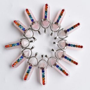 Doğal Taş Charms Reiki Şifa Altıgen Bullet Opal Ametistler Kuvars Pembe Kristal Çakra Kolye DIY Takı Yapımı için Kolye Aksesuarları