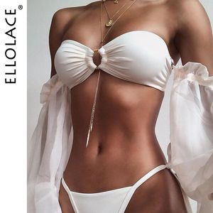 ElloLace Seksi Bandeau Bikini Kapalı Omuz Puf Uzun Kollu Mayo Kadın Biquini Beyaz Mayo 2020 Mayo Toptan T200708