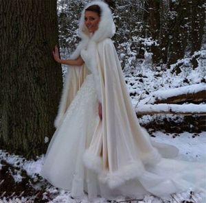 Мода Великолепный накидливый зимний свадебный пожимает плечами свадебный куртка длинный белый плащом обертывания с капюшоном