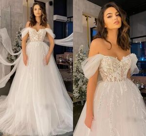 Tulle A Line Wedding Gowns Romantic Lace Appliques Off The Shoulder Sexy Empire Waist Sweep Train Bridal Dresses Arabic Aso Ebi Boho Garden Vestidos De Novia