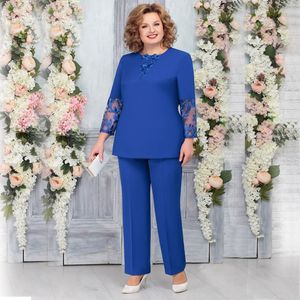 Royal Blue Two Pieces Mothers Pant Suits Jewel Neck Lace Long Sleeves Pantsuits For Chiffon Groom Mother Outfit