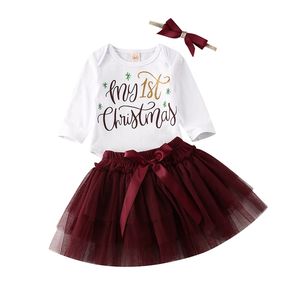 Newborn Baby Girl Il mio primo Natale a maniche lunghe Pagliaccetto Tutu Gonna Fascia Infantile Ragazze Abiti di Natale Abbigliamento Set 0- LJ201221