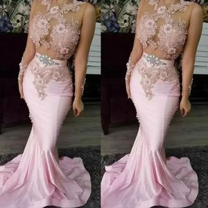2022 Pink Prom Dresses Sexy Illusion Bodice with 3D Floral Applique Beaded Crystals Mermaid Satin Custom Made Evening Party Gowns Vestido BES121