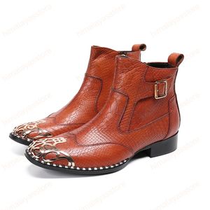 Mode echte Ledermänner Party -Knöchelstiefel Metal Square Toe Short Stiefel plus Größe Motorrad Cowboy Boots Schuhe