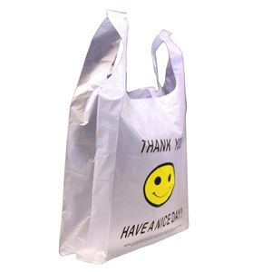 30 * 48 cm Borse di alta qualità HDPE Supermercato Giallo Sorriso adorabile Gilet bianco Imballaggio per borsa a mano in plastica