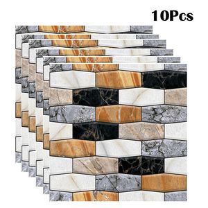 10Pcs European Marbling Brick Wall Sticker DIY Removable Tile Self-adhesive Waterproof Wallpaper Home Decor for Kitchen Bathroom T200608