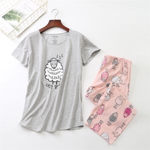 QWEEK Cartoon Printing Kobiety Piżamy Krótkie Rękaw Piżamy Kobiety Pijama Koreański Letnia Kobieta Loungewear Plus Size Sleepwear 2 szt Y200708