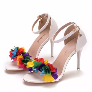 Damen-Hochzeitssandalen, weiße Spitze, Blumen, Schleife, Band, süßer Prinzessinnen-Stil, dünne High Heels, große Größe, Knöchelriemen-Schuhe