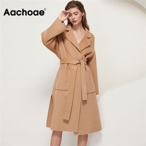 Aacoee 100% lã casaco longo com cinto mulheres elegante manga longa bolsos de inverno sobretudo casual lado dividido outerwear casacos 201218