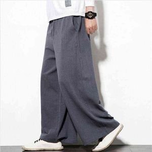 Yeni Vintage Erkekler Geniş Bacak Pantolon Doğal Nefes Pamuk Keten Pantolon Katı Düz ​​Uzun Pantolon Artı Boyutu M-7XL Siyah Haki G0104