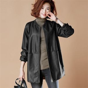 O-Neck Spring Woman's Pu Leather Jackets Long Sleeve Casual Ladies Faux Leather Coats Basic Female Jacket with Pockets 220112