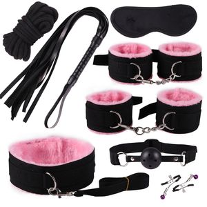 Massage SM Sex Spel Handcuff BDSM Bondage Set Slave Collar Halsband Hand Cuffs Restraint Ball Mouth Gag Sex Toy för Par Erotic Game