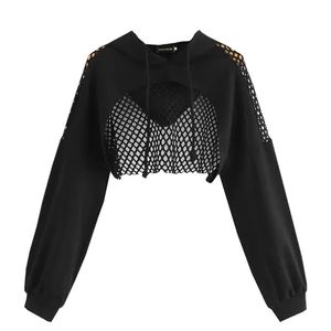 Mesh Women Long Sleeve Hoodies Fiess Black Solid Color Crop Top Sports Hoodie Sexig Short Croped Navel Tops Ped S