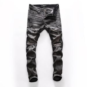 Jeans elastici da uomo in stile europeo Pantaloni in denim dritti Pantaloni con cerniera Patchwork Slim Grey Hole Jean per uomo