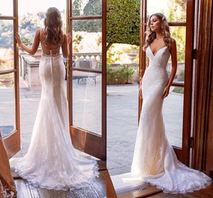 Vestido De Novia Nowy Światła Szampańska Suknia Ślubna 2021 Sexy Spaghetti Paski V Neck Backless Mermaid Bohemian Koronki Suknie Panny młodej