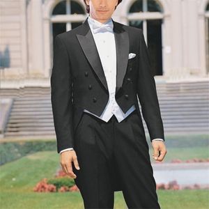 Custom Made do pomiaru tailcoat, Bespoke Black Groom Tuxedos Satin Peak Lapel, biała kamizelka, krawędź męska długie tylne Tuxedos 201027