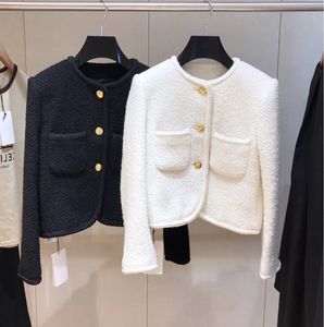 Frühling Neues Design Damenjacken Mode O-Ausschnitt Schwarz Weiß Einfarbig Langarm O-Ausschnitt Einreiher Tweed Woll Kurzmantel Jacke SML