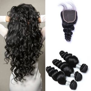 Brazilian Loose Wave 3 Bundles Human Hair Weaves with 4x4 Lace Closures Double Weft Dyeable Pre Plucked Natural Hairline