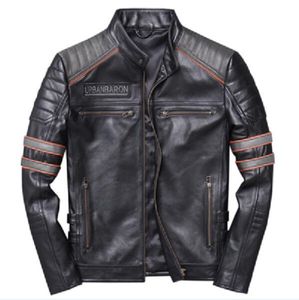 Men Real Leather Jacket Skull embr Coat Cow Leather Jacket Real Cowhide Casual Single Breasted Jackets Winter Russia Coats
