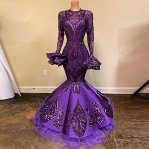 Regency Purple Evening Dresses Wear Mermaid Jewel Neck Long Sleeves Illusion Lace Sequined Beads Floor Length Formal Prom Party Dress