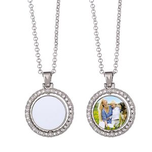 Diamond Sublimation Blank Pendant Necklace Rotatable Double Sided Heat Transfer Metal Necklace DIY Fashion Jewelry Gifts