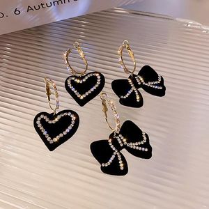 Lampadario penzolante in argento 925 a forma di ago, panno nero, velluto, fiocco, cuore, strass, orecchini a cerchio per gioielli alla moda da donna