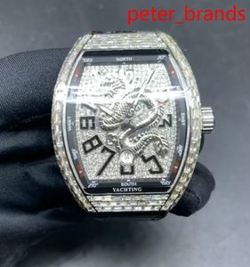 Mode bling zirkon baguette steine glänzende diamanten männer uhren drachen gesicht schwarz gummiband 44 MM Automatische Mechanische Uhren