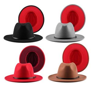 Jovivi moda dois tons fundo vermelho aba larga panamá trilby boné lã feltro chapéu fedora chapéu panamá casual jazz chapéus para homens women235n