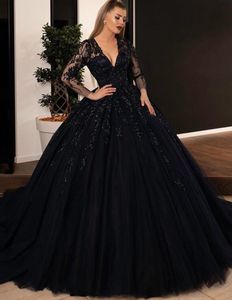 Black Ball Gown Gothic Wedding Dress With Long Sleeves Deep V Neck Tulle Princess Bridal Gowns Non White Custom Made Bride Dress W231y