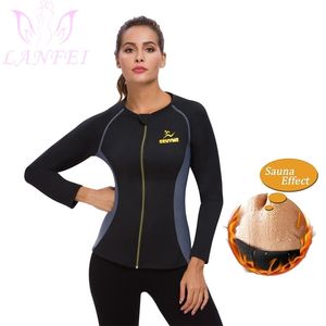 Lanfei mulheres neoprene sauna colete de perda de peso com mangas ginásio quente suor suor terno camisa treinador de cintura shaper corset top lj201210