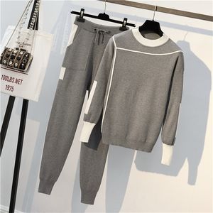 Woman Sweater Suits Knit Casual Tracksuits Crewneck Pullovers+Drawstrings Elastic Pants Two Piece Sets Female Outfits 800E 60 T200702