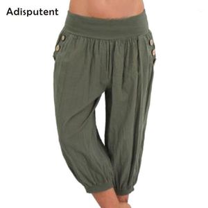 Adisputent女性の夏の堅いハーレムのズボン緩い膝の長さのリネンズボンの女性の弾性ウエストカプリスパンツプラスサイズ5xl1