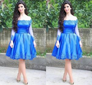 Royal Blue Short Homecoming Dresses With Long Sleeve Bateau Neck Party Dress Off The Shoulder Knee Length Prom Gowns With Lace P39