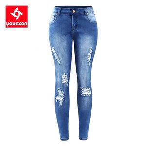 Youaxon EU حجم ممزق يتلاشى جينز المرأة زائد الحجم بسط الدنيم نحيل جينز للنساء جين سروال رصاص 201223