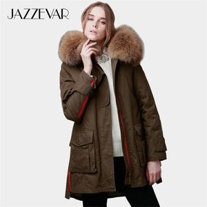 Jazzevar Women Winter Jacket Army Green Avtagbar Stor Real Raccoon Färg Fur Krage Kvinna Parkas Hooded Coat 2in1 Outwear 201031