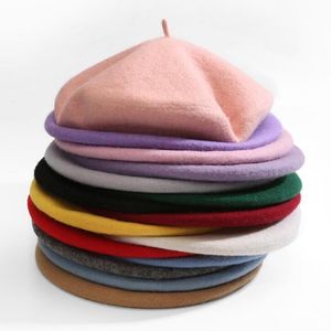 Yüksek Kalite 100% Saf Yün Kadın Örgü Bere Kış Sıcak Kadın İngiliz Tarzı Lady Ressam Bonnet Şapka Düz Renk Toptan Hot Y200102