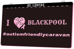 LD0183 Eu amo Blackpool Autism Friendly Caravan Light Sign 3d Gravura LED atacado de varejo