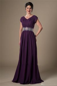 Grape Beaded Chiffon Modest Evening Bridesmaid Dresses Cap Sleeves Long A-line Wedding Guests Dresses Formal Maids of Honor Dresses Cheap