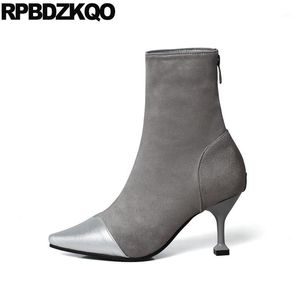 Сапоги на высоком каблуке лодыжки плюс размер серый плюшевый сексуальный дизайнер обувь STILETTO 9 замшевые женщины зима 2021 заостренный носок 13 45 Big 12 441