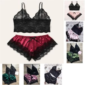 Pigiama con fiocco in pizzo vintage da donna con scollo a V mutandine sottovita 2 pezzi / set da donna sexy con maniche in raso meno lingerie moda 11bd G2