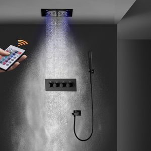 320 mm Decken-Regenduschsystem, Badezimmer, elektrische LED-Duschköpfe, Nebelschwarze Thermostat-Duscharmaturen