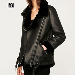 Varey Lin New Winter Mulheres Faux Sheepskin Casacos Engrossar Faux Leather Lambs Lã Casaco de Pele Preto Motocicleta Feminino Outwear 201020