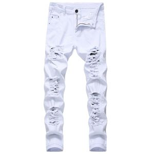 Nova chegada de algodão homens rasgados buraco jeans casuais magro magro branco jeans homens calças moda estiramento hip hop calças de denim macho 201111