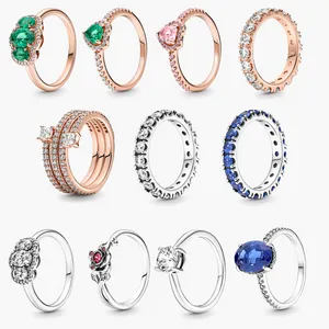 Kobiety Biżuteria Fit Pandora Pierścionek 925 Srebrne Pierścionki Love New Sapphire Pierścień Koralik Miłość Heart Biżuteria Charm Engagement Prezent